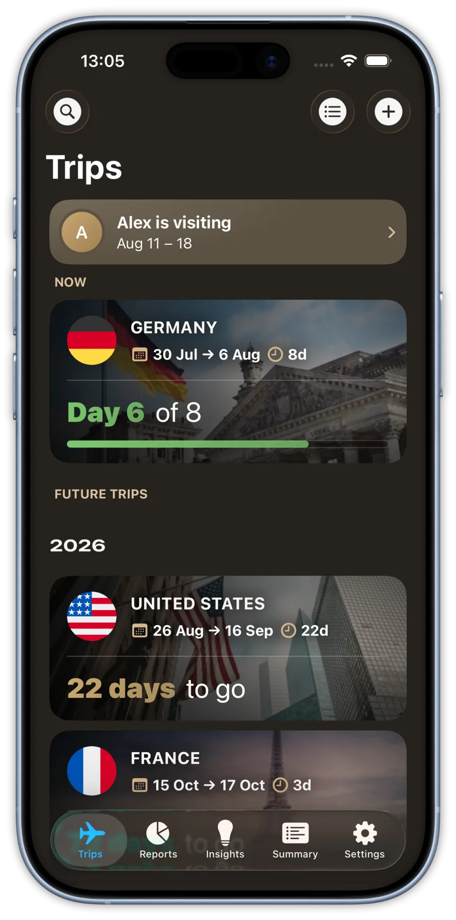 TraviGo trip timeline on iPhone