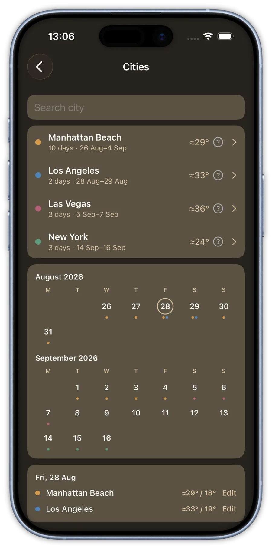 Cities and weather screen