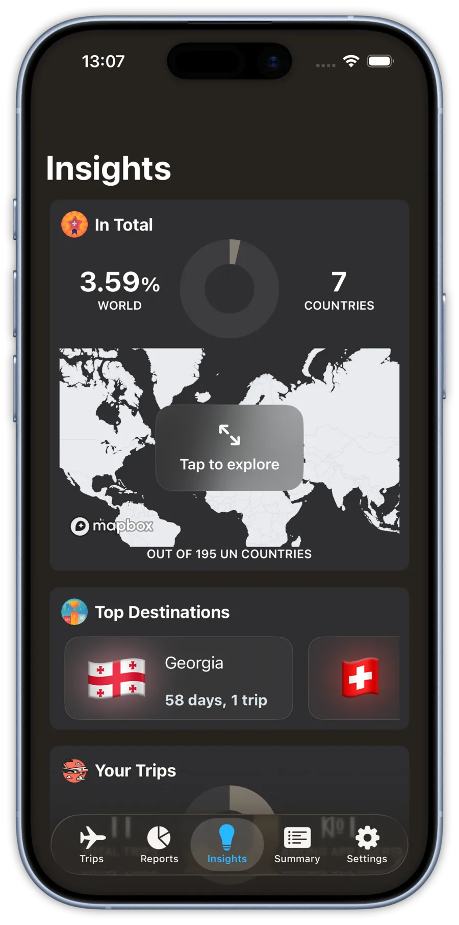 Insights screen with world map